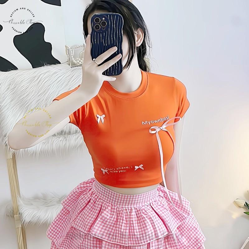 Product Introduction of Áo Croptop Borip Basic Ôm Body In Chữ "I Don't Chase" Đính Nơ Dài, MLS11, Women Thun Sen Sò Hoa Sen Trắng Kem Tre Cổ Tròn Dáng Ngắn 30