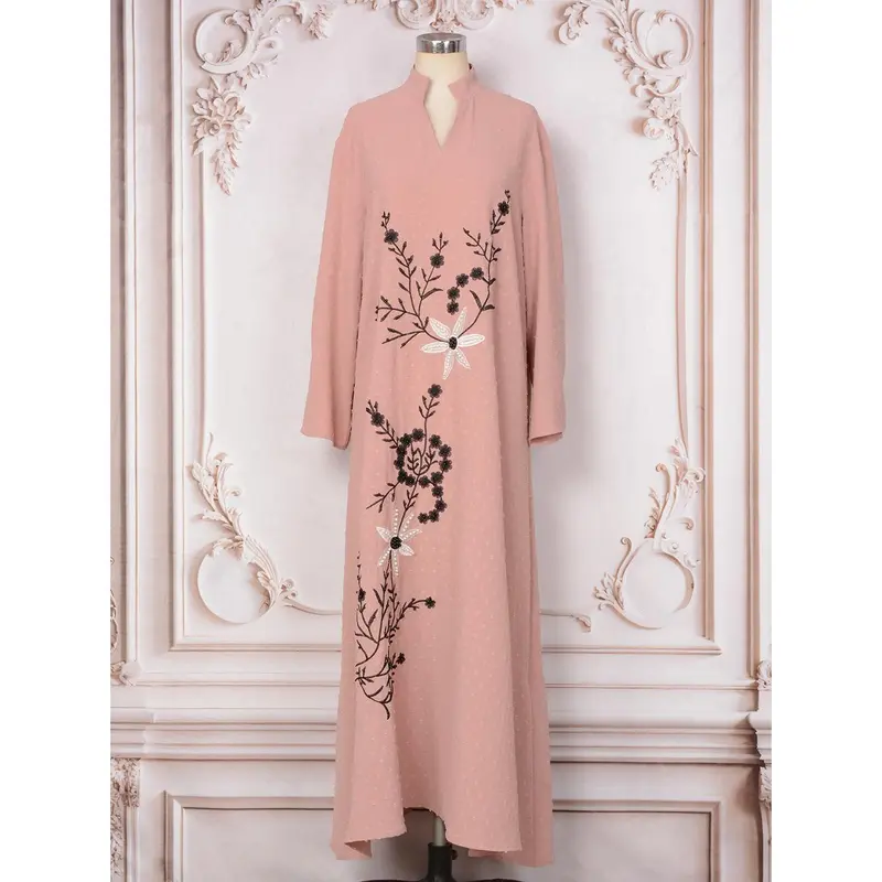 2025 Middle East Dubai Women's Robe Autumn New Arrival Embroidery Beads Pink Abaya Dress Dress 5