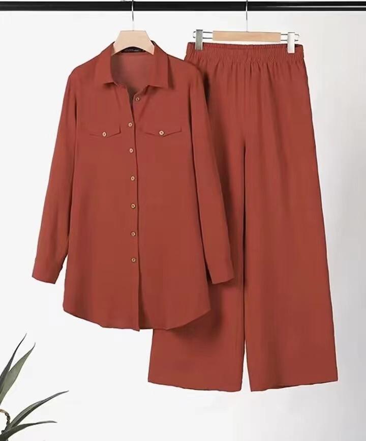 Product Introduction of 2025 New Fashion Versatile Elegant Trendy New Middle Eastern Muslim Solid Color Long Sleeve Button Pocket Shirt and Pants Two-Piece Set 3