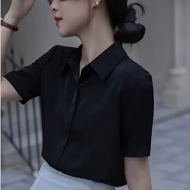Áo Sơ Mi ngắn Tay Màu Đen, Phong Cách Hàn Quốc, Dáng Rộng Vừa Vặn, Áo Voan, Thời Trang, Dành Cho Nữ, Đơn Giản Và Dễ Phối Đồ, Hàng Mới Về Mùa Hè 2024, Màu Đen Thuần Khiết
