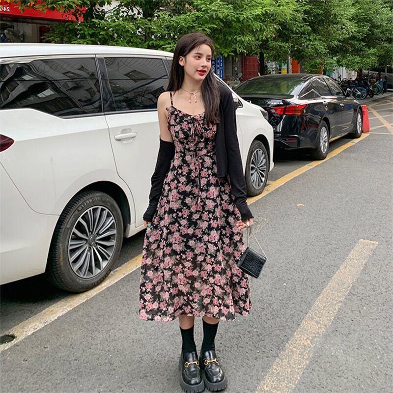 2025 plus Size Women's Clothing Fashion Two-Piece Suit Women's Summer Fat Sister Black Knitted Cardigan Strap Floral Dress Suit 3