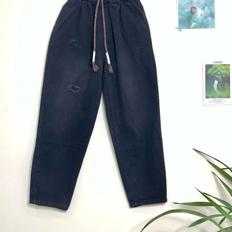 Quần Jeans Baggy Nữ (freeship) ĐEN ( 40kg -73kg )vải mềm cạp chun lưng cao dáng thụng trẻ trung cá tính 0