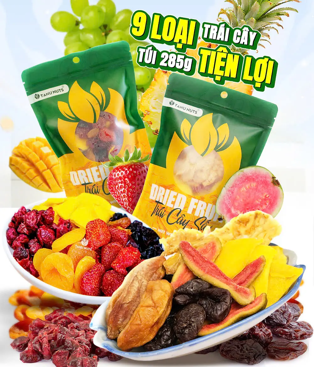 Mix trái cây sấy dẻo  Ăn Vặt  chua chua ngọt ngọt TANU NUTS mix fruit 5 loại hoa quả tốt cho sức khỏe hũ 400g, ăn vặt, Lượng đường thấp Snack Food Thức Ăn
