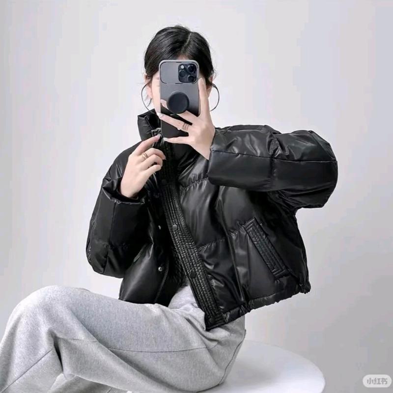 ( Hàng Quảng Châu Loại 1 , BH da) Áo Phao Da Dáng Ngắn Không Mũ Dây Rút Dưới Hottrend-2024 - Áo Khoác Phao Béo Nữ Có Cổ Women Top Có Túi Jacket a o ao  phao