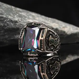Cincin Mahkota Kotak Rainbow / Mystic Topaz Stone Ring / Cincin Mahkota Kotak Hijau / Alexandrite Ring Men Finland / Cincin Pria Mewah Turki Style Batu Permata Mystic Quartz / Cin Cin Classic Vintage Retro Accessories for Men Big Ring Elegant Premium