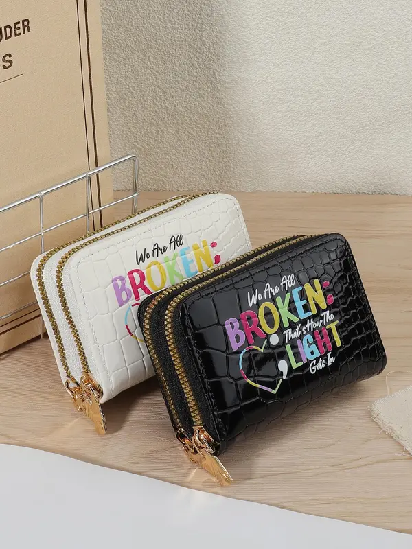 Fashion Letter Pattern Card Holder, Casual Versatile Zipper Card Holder, Simple Multi Slot Card Holder for Women & Girls 6