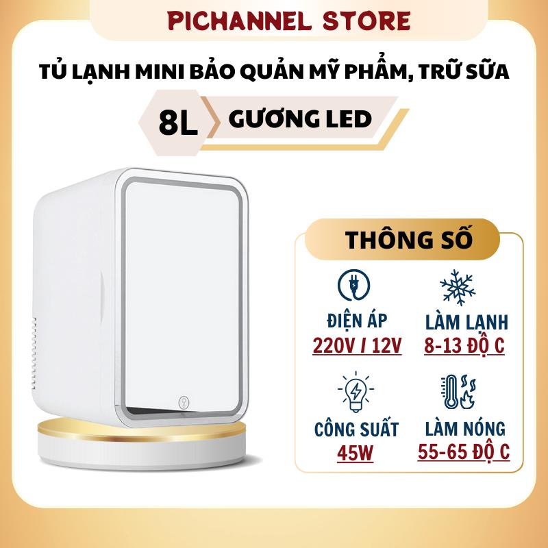 Tủ lạnh mini PITEK cao cấp trang bị gương có đèn led 3 cấp độ bảo quản mỹ phẩm, trữ sữa dung tích 8L  - Bảo hành công trọn đời