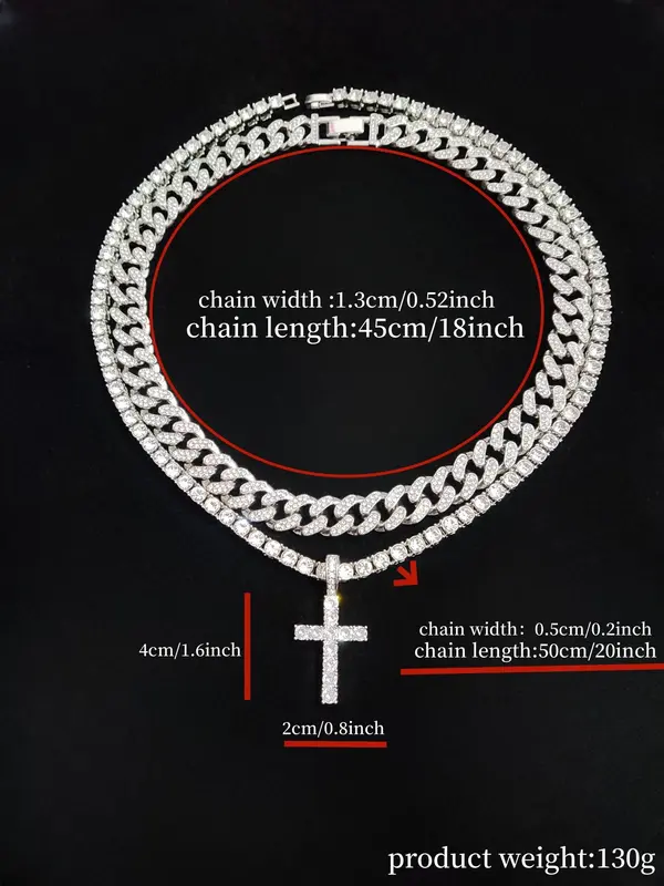 Luxury Artificial Zircon Vintage Necklace Set, Cross Pendant Necklace & Cuban Chain Necklace, Sparkly Matching Jewelry for Party, Streetwear Hip Hop Punk Gift for Men Women, for Fall 1