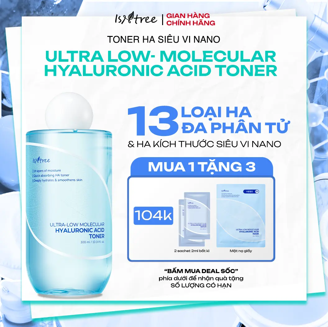 [Tặng 1 Mask Isntree+2 sachet 2ml] Nước hoa hồng cấp ẩm chuyên sâu Isntree Ultra-low Molecular Hyaluronic Acid Toner 300ml