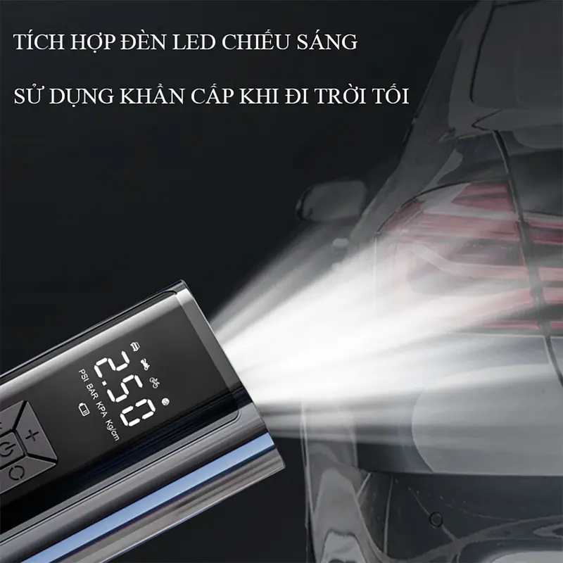 Máy bơm lốp xe hơi, máy bơm không khí không dây bơm nhanh tích hợp đèn báo sạc dự phòng. Bảo hành 12 tháng toàn quốc, đổi mới 7 ngày nếu lỗi. 4