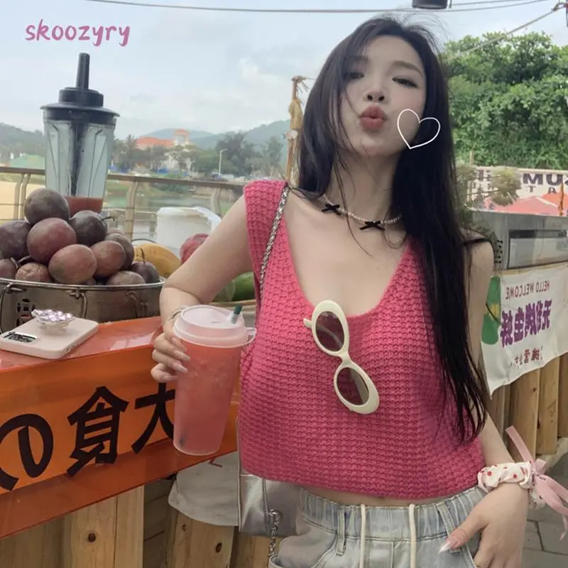 Áo Ba Lỗ Dệt Kim Đan Móc, Dành Cho Phụ Nữ, Thường Ngày Và Rộng Rãi, Cổ Tròn, Không Tay, Hở Rốn, Màu Trơn Thích Hợp Cho Mùa Hè, Áo Sơ Mi Top Women
