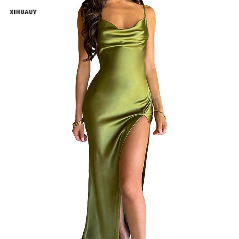 Product Introduction of Women's Satin Bodycon Long Dress Spaghetti Strap Cowl Neck Midi Dress High Split Party Dress 30