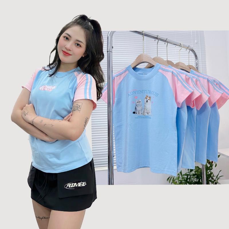 Áo baby tee raglan sọc hồng xanh dễ thương chất cotton 2 chiều