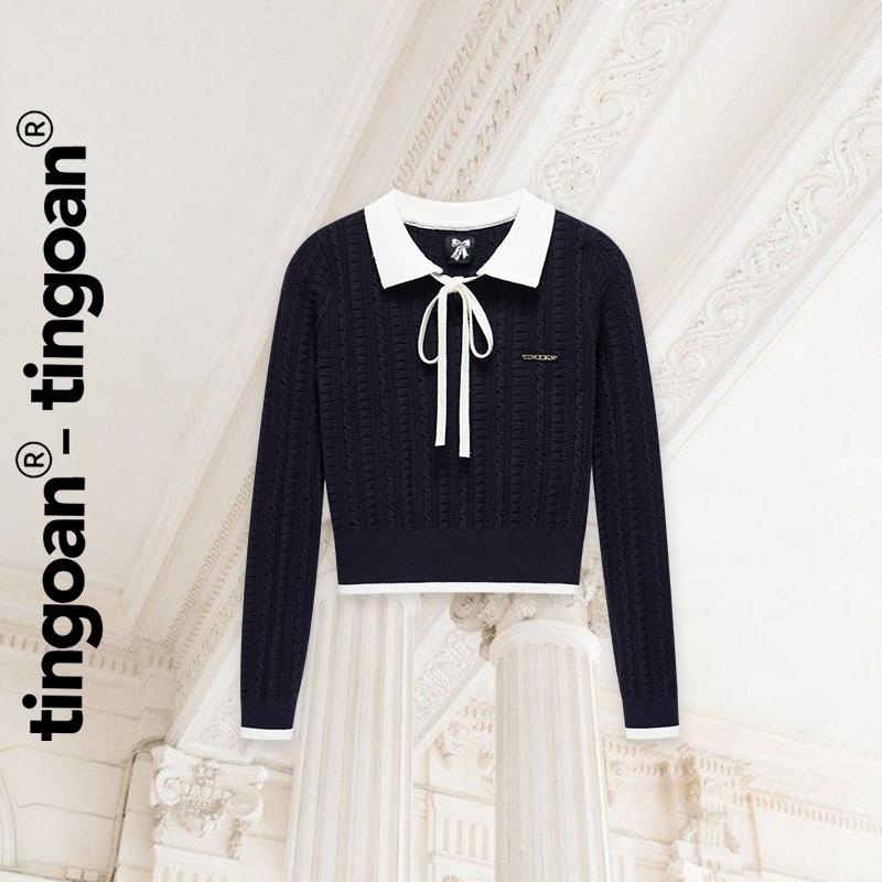 TINGOAN - Áo len xù xanh than dáng lửng phối cổ bẻ dây nơ trắng HELEN TOP/DB (xanh than)
