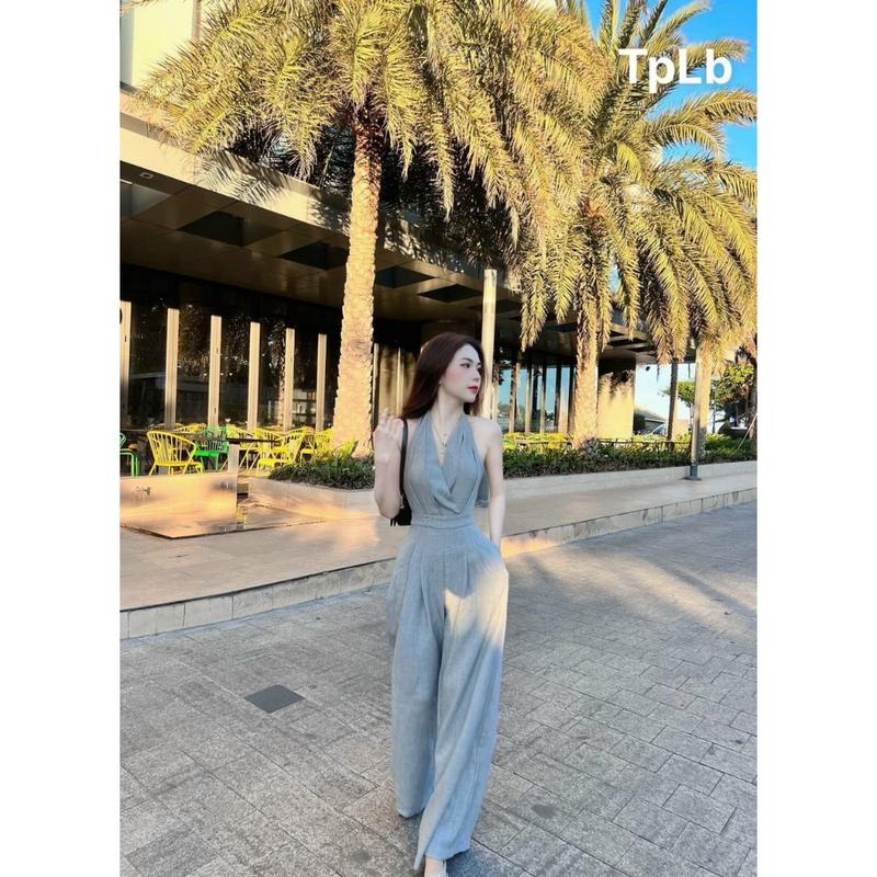 YẾM JUMPSUIT XẺ NGỰC Cột nơ sau QUẦN ỐNG RỘNG jum cổ yếm quần xuông sang chảnh 6