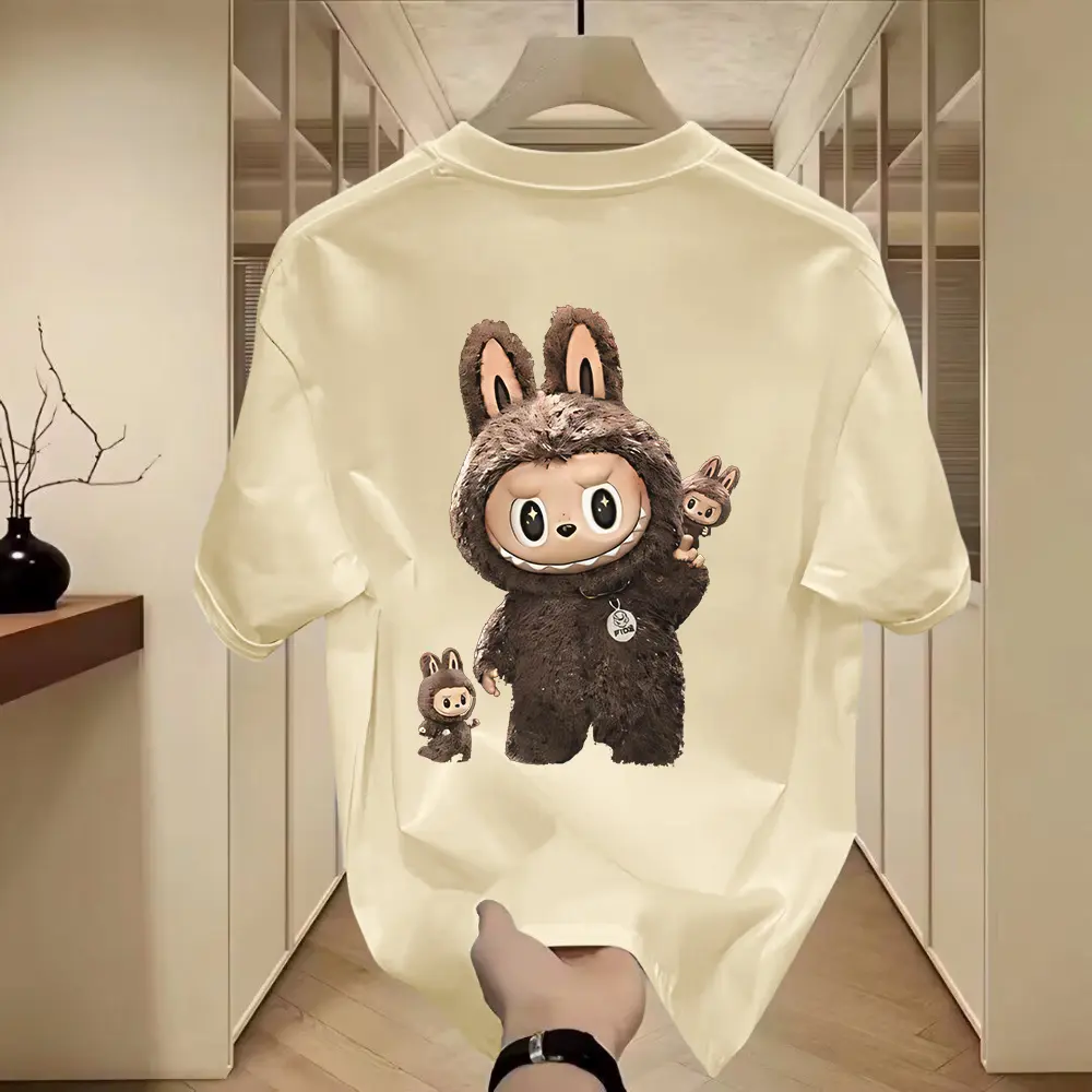 100% Cotton Fun Cartoon Labubu Loose Short-sleeved T-shirt Crew Neck Top for Men and Women Unisex