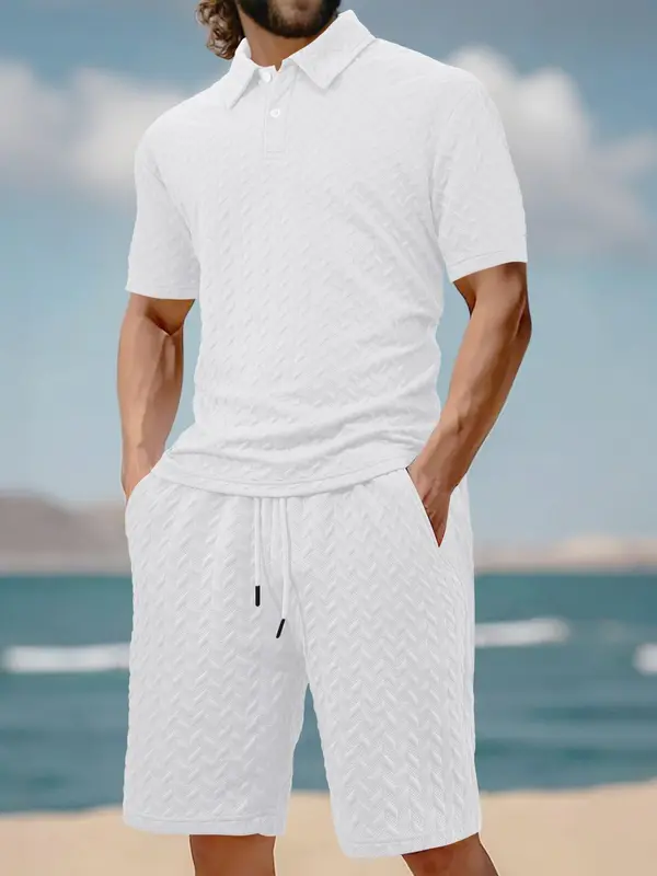 Men's Solid Shortsleeve Polo Shirt & Drawstring Waist Shorts Set, Casual Cozy Breathable Two-piece Outfits for Tropical Daily Outdoor Wear, Men Clothes for Summer Beach, Menswear, Summer Clothing Set 8