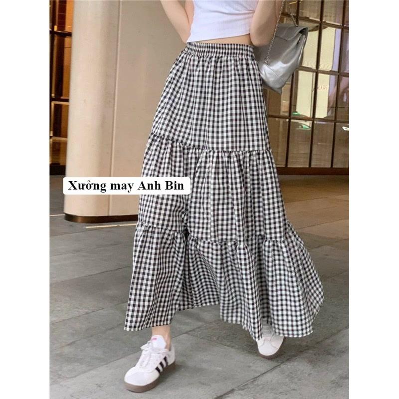 Chân váy maxi 3 tầng kẻ caro cạp chun lưng cao, dài 86-88cm chất đũi Nhật cao cấp mềm mại và thanh thoát 4