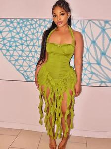 Vestido ajustado de mujer con cuello halter y dobladillo con volantes, vestido mini sin espalda y sin mangas para fiestas, clubes, citas, ropa de verano para damas, regalo de San Valentín.