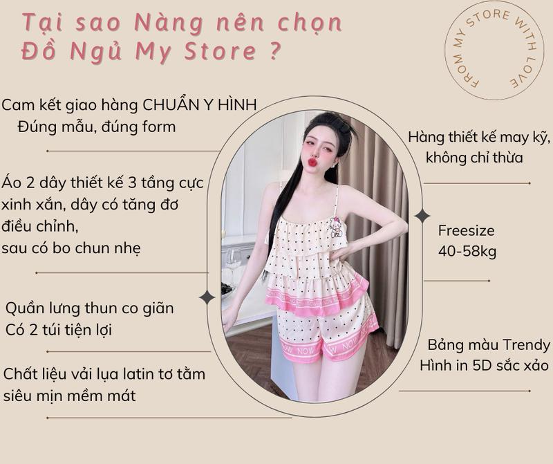 Bộ đồ ngủ đùi nữ áo 2 dây họa tiết thiết kế 3 tầng xinh xắn chất liệu lụa latin mịn mát freesize dưới 60kg My STORE 2