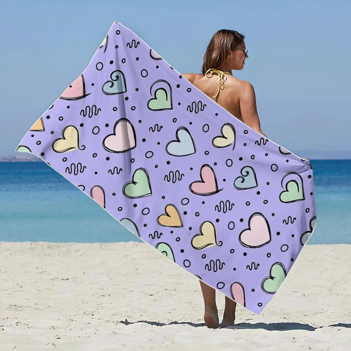 Colorful Heart Print Beach Towel, Soft Water Absorbent Towel, Lightweight Quick Drying Towel for Camping Yoga Swimming, Travel Beach Towel