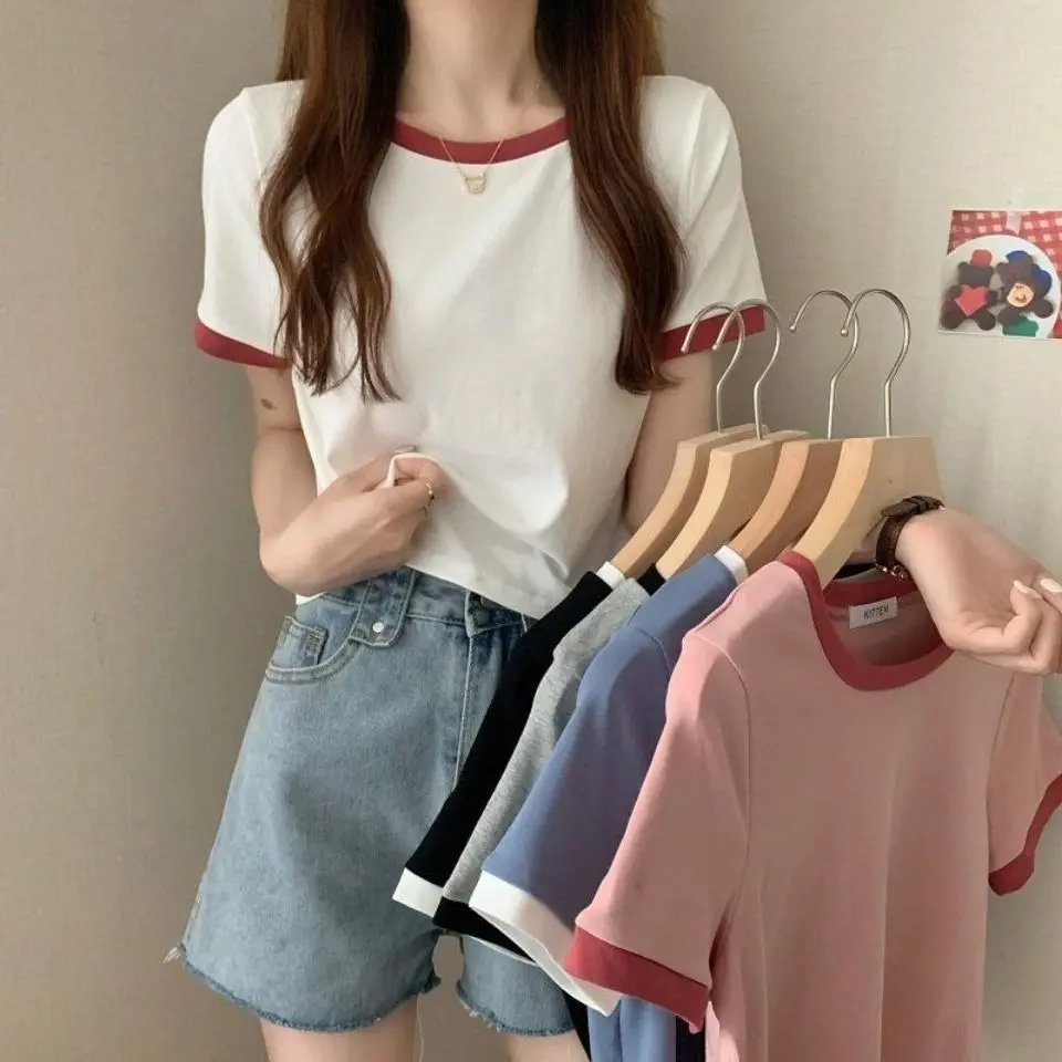 Áo Thun ngắn Tay Cổ Tròn Khối Màu, Dành Cho Nữ, Áo Sơ Mi Cơ Sở Mùa Hè, Phong Cách Hàn Quốc, Mỏng Vừa Vặn, Thích Hợp Cho Học Sinh Nữ, Bán Buôn, Năm 2025