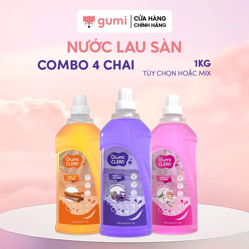 (Mall) COMBO 4 CHAI Nước Lau Sàn GUMI CLEAN Hương Hoa Lily, Hương Quế, Hương Hoa lavender Chai 1L Sạch Bong Lưu Hương Lâu