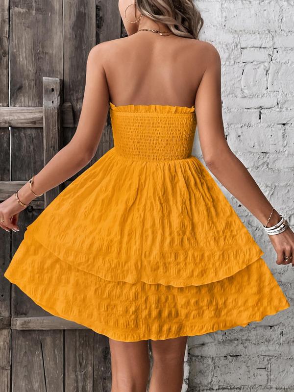 Women's Textured Frill Shirred A Line Dress, Boho Sleeveless Strapless Knee Length Dress for Beach Holiday Vacation, Ladies Summer Clothes, Summer Outfits 2024 6