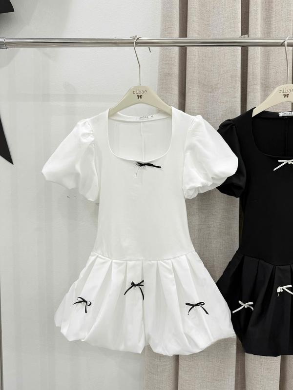 Váy cổ vuông chất thun zip phối thân dưới dáng bí, đính nơ trang trí - Đi chơi dạo phố siêu xinh 3