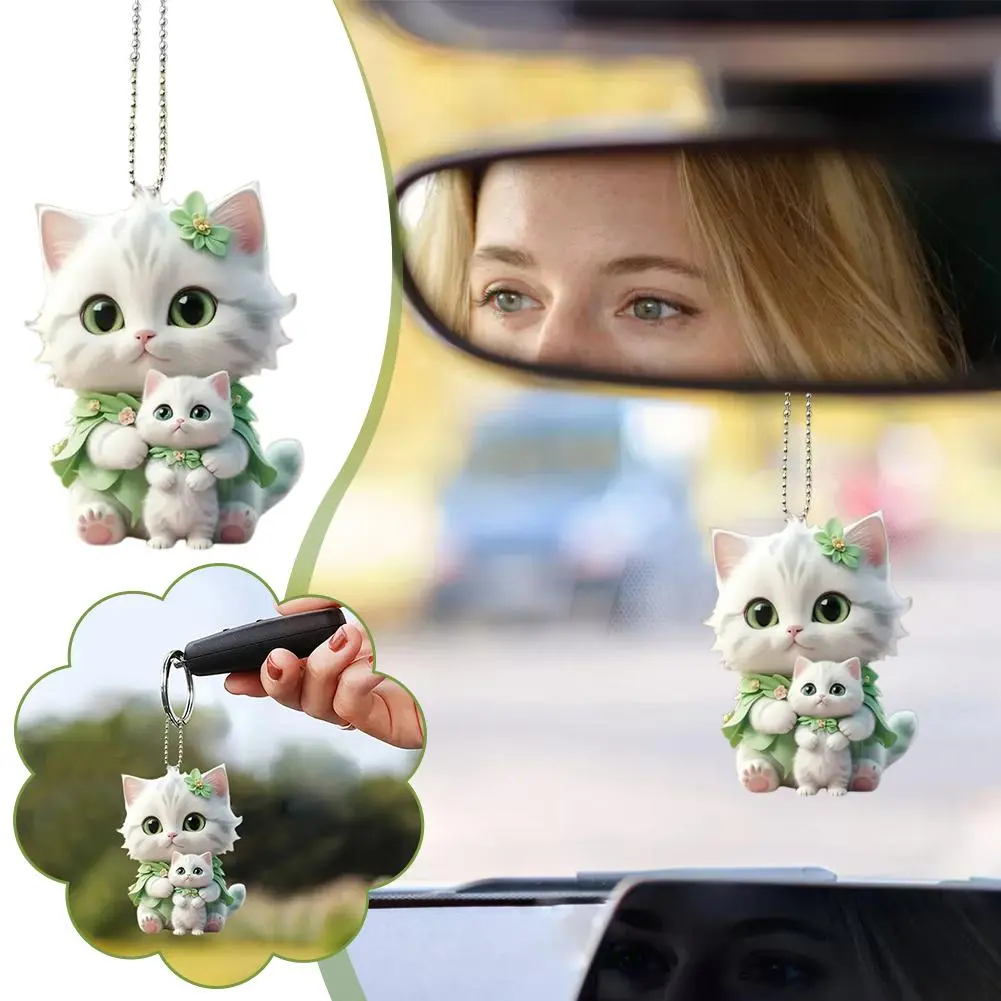 1pc Cat Animal Pendant Hanging Ornament With Lanyard Easy To Hang 2D Flat Adorable Animal Rearview Mirror Ornament