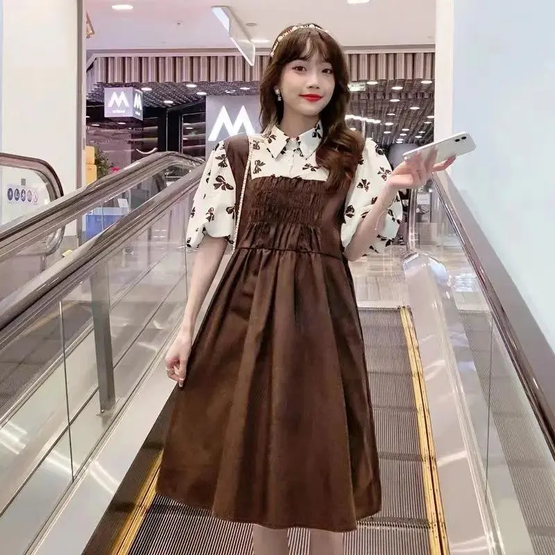 Maternity Summer Dress 2024 New Loose Fit Petite Patchwork Fake Two-Piece  Dress Trendy Mom Maternity