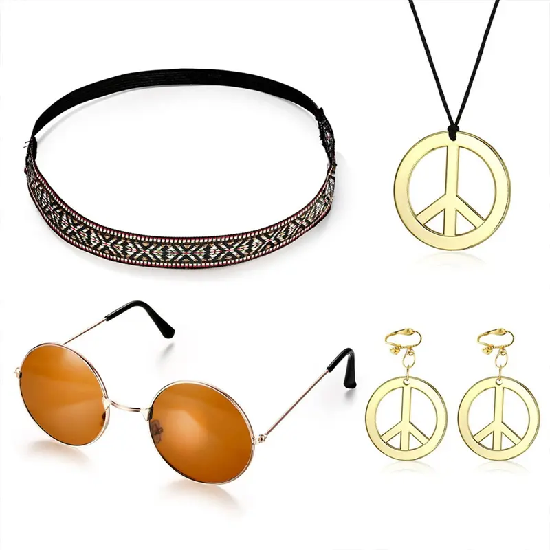 Hippie Costume Set for Women Kit Includes Sunglasses Peace Sign Necklace and Peace Sign Earring Bohemia Headband for 60s 70s Party Accessories