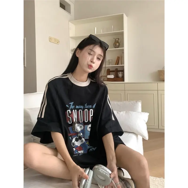 Tshirt Lengan Pendek Garis Tiga Baju bola Snoopy Korean Style Kaos Longgar 100% Cotton 3