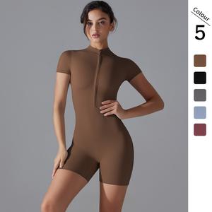 THESISIQUEEN Mono de yoga de manga corta con cremallera, pantalones cortos, mono deportivo ajustado para mujeres, danza y fitness