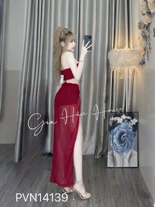GIA HÂN - SET ÁO KHOEN TRÒN VÁY LƯỚI NHŨ (KÈM QUẦN SHORT) - 14138 - Freesize Nữ Nhung Đỏ 3