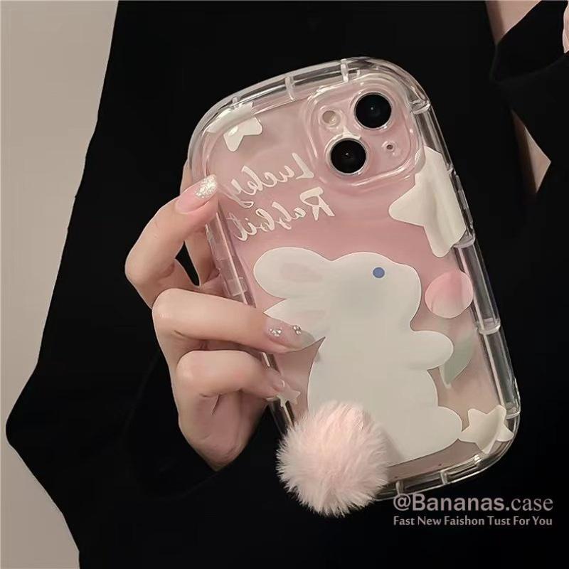 Cute Cartoon Teddy Rabbit Pattern Transparent Phone Case Compatible for iPhone 15 14 13 12 11 Pro Max X XR XS 8 7 Plus SE 3D Hairball Clear Soft Back Cover 1
