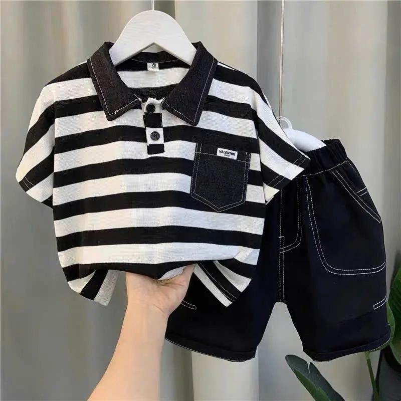 Set polo kẻ sọc phối quần Jean mềm cho bé trai Bộ quần áo mùa hè bé trai ----MÃ KẺ SỌC ĐEN TRẮNG QUẦN JEAN