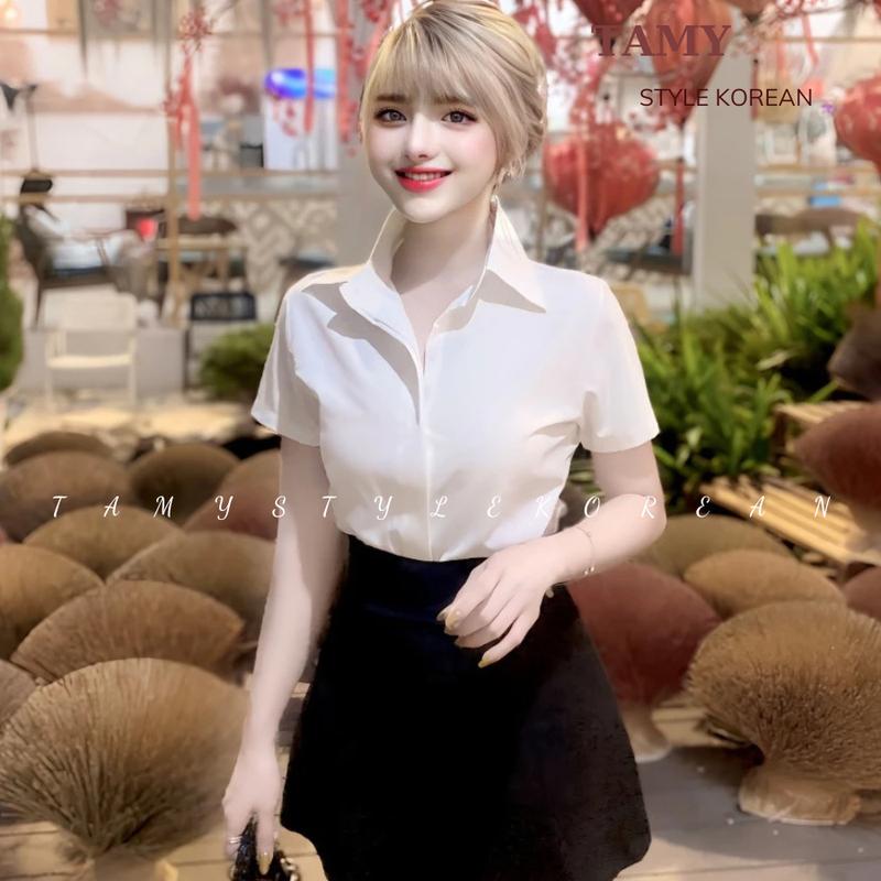 Áo sơ mi nữ trơn tay ngắn không nhăn nẹp đôi giấu nút form rộng - áo sơ mi nữ công sở chất lụa kate trẻ trung, năng động. 1