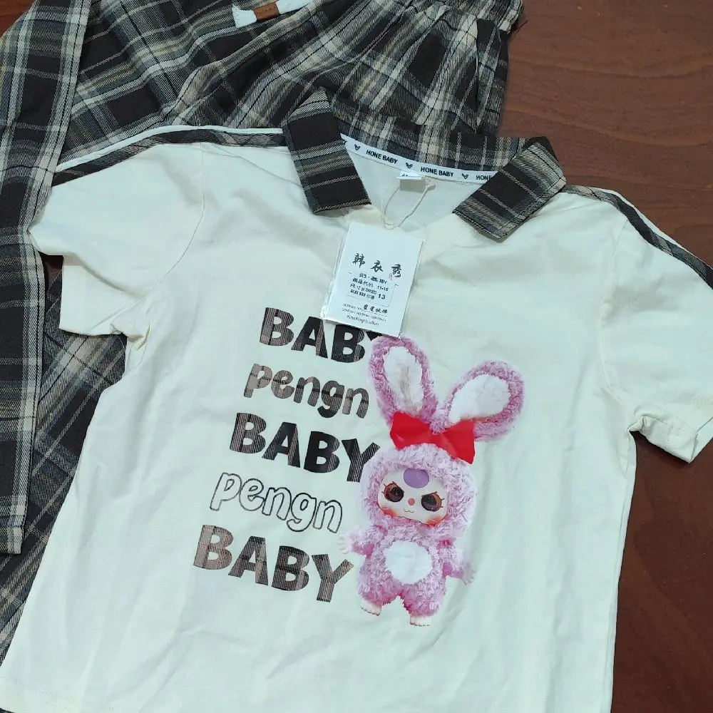 bộ quần dài xọc caro,áo plo in hình baby thry