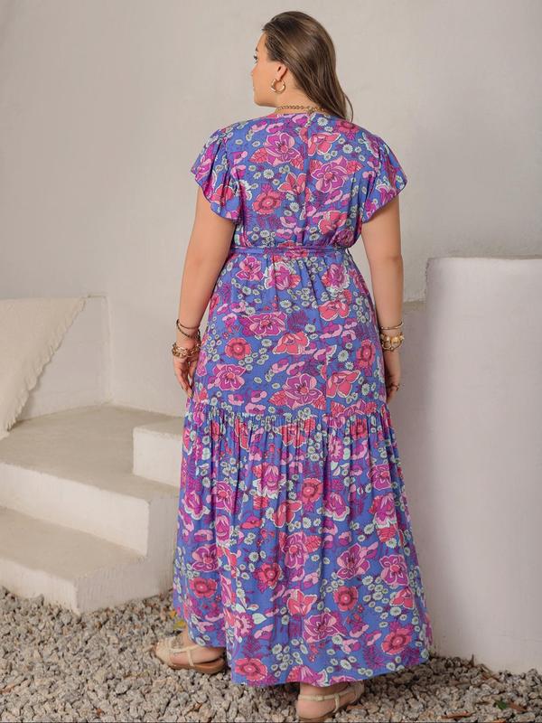 Plus Size Floral Print Ruffle Hem Belted A Line Dress, Comfort Bohemian Dresses for Women, Contrast Lace V Neck Long Dress for Beach Vacation Holiday, Summer Dresses 2025, Sun Dress 7