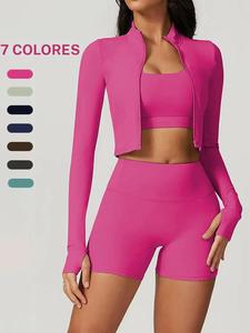 Conjunto de chándal liso para mujer, chaqueta deportiva corta de manga larga y alta elasticidad con cierre de cremallera & shorts ajustados de cintura alta, conjunto deportivo para el verano, atuendos elegantes para el gimnasio