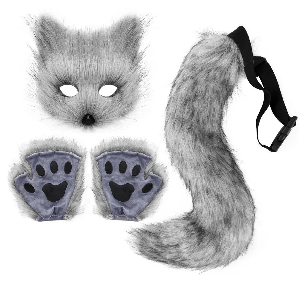 Fox Mask & Tail & Paw Set, 1 Set Including 1 Simulation Fox Mask & 1 Tail & 1 Pair Paws, Cosplay Costume Accessories for Party