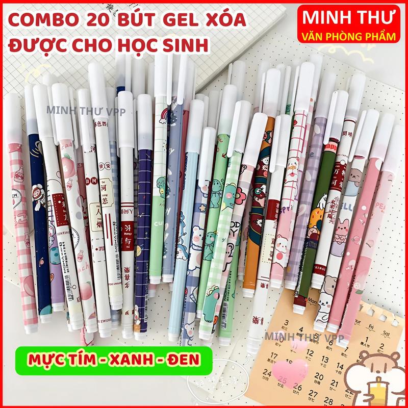 Combo 20 Bút Gel Xóa Được Dạng Nắp Đậy Ngòi 0.5 Mực Tím Xanh Đen Viết Êm Không Tắc Mực, Bút Mực Bôi Xóa Được Cho Học Sinh