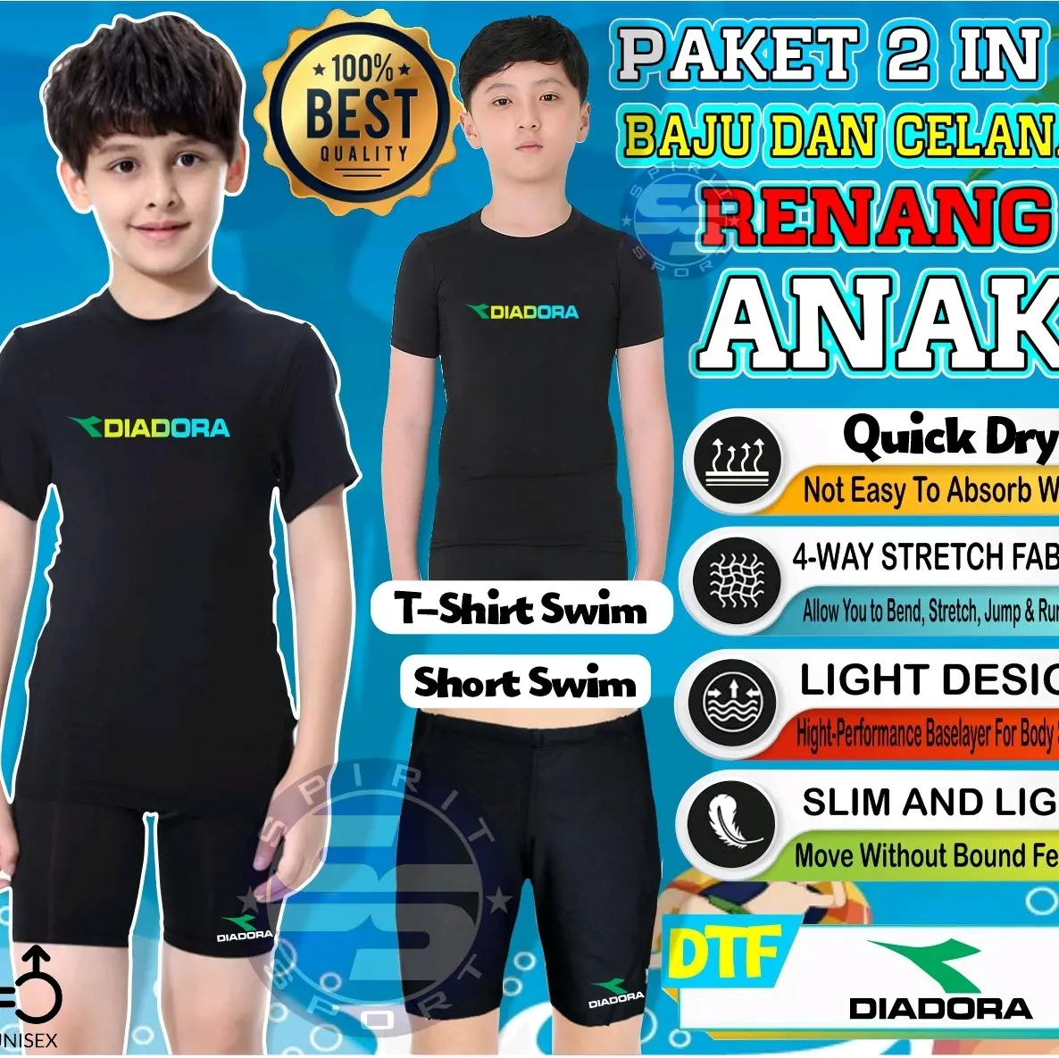 Paket Baju dan Celana Renang Anak Harga Ekonomis Motif Sablon DTF ddora