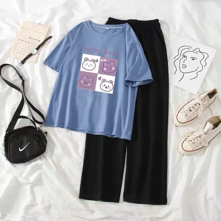 [MIỄN PHÍ GỬI HÀNG TOÀN QUỐC] Sét áo Lucky Bear + quần suông đen , Áo thun from rộng, mặc cho Nam và nữ chất đẹp, Sét bộ mặc ở nhà  -MINH VÂN FASHION
