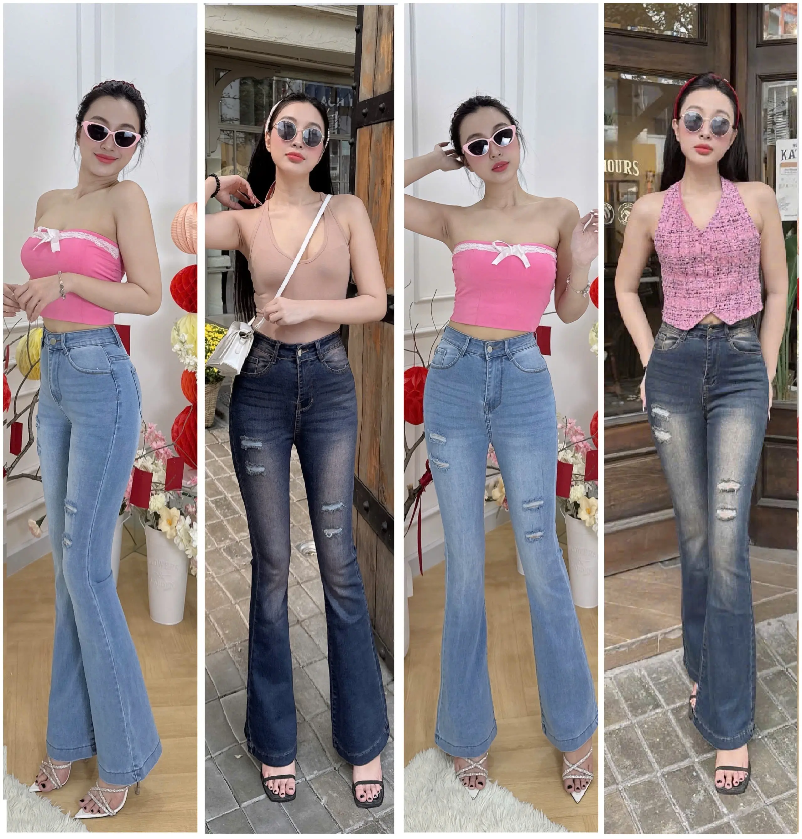[100cm] Quần jean nữ ống loe NM Jeans, chất co giãn, đủ size từ 40kg đến 75kg, 3 màu, 1 nút rách - Pants, Women