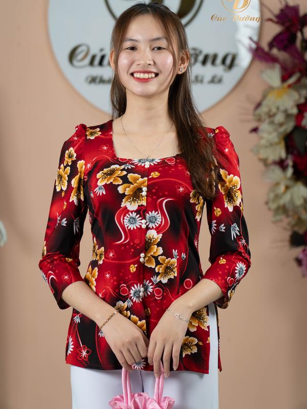 Áo Bà Ba Tay Lỡ Cách Tân Cổ Vuông Hoạ Tiết Hoa Mai Cúc Vai Bồng Xẻ Tà Áo Đi Chùa Chụp Hình Du Xuân