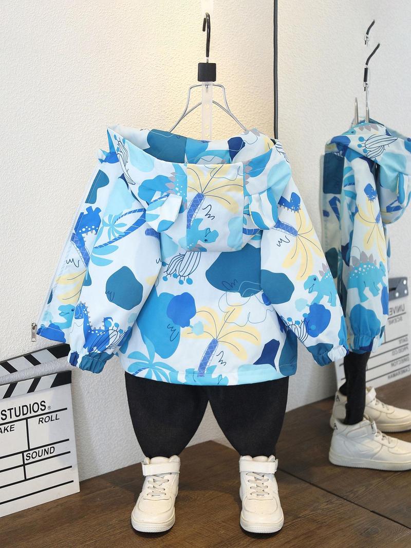 Product Introduction of Boy's Cartoon Print Zip Up Hooded Jacket, Casual Windproof Long Sleeve Outerwear for Spring & Fall, Kids Clothes for Daily Wear 5