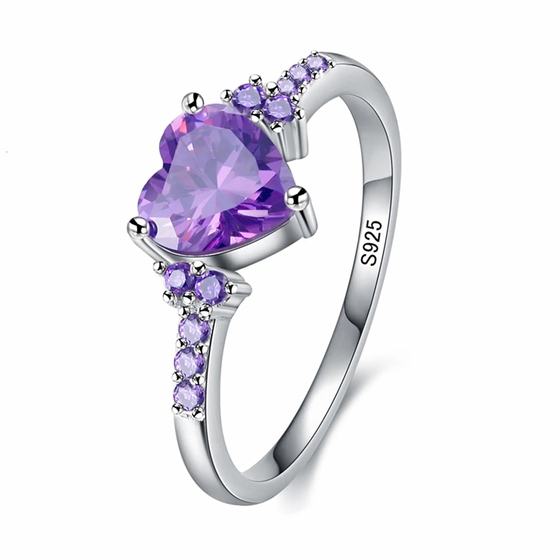 Nhẫn Màu bạc Zircon thạch anh tím tự nhiên, nhẫn cưới hình trái tim, đồ trang sức nữ, bán chạy