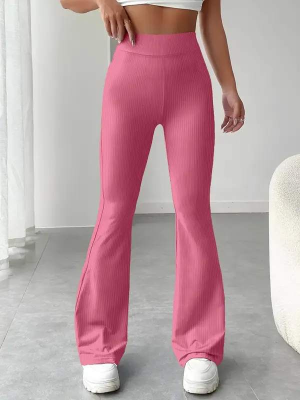 Women's Solid Ribbed Flare Leg Sports Pants, Casual Comfy High Waist Bell Bottom Trousers for Daily Wear, Ladies Bottoms Clothing for All Seasons 0